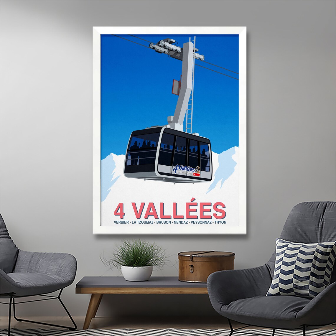 4 Vallees Verbier Mt Fort Gondola Swiss Alps Vintage Ski Art Poster - Image 2