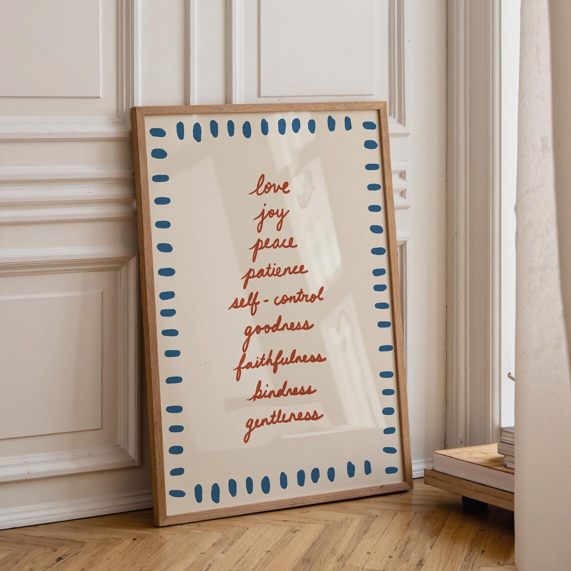 Fruits Of The Spirit Virtues Red Script Typography Faithful Home Wall Art
