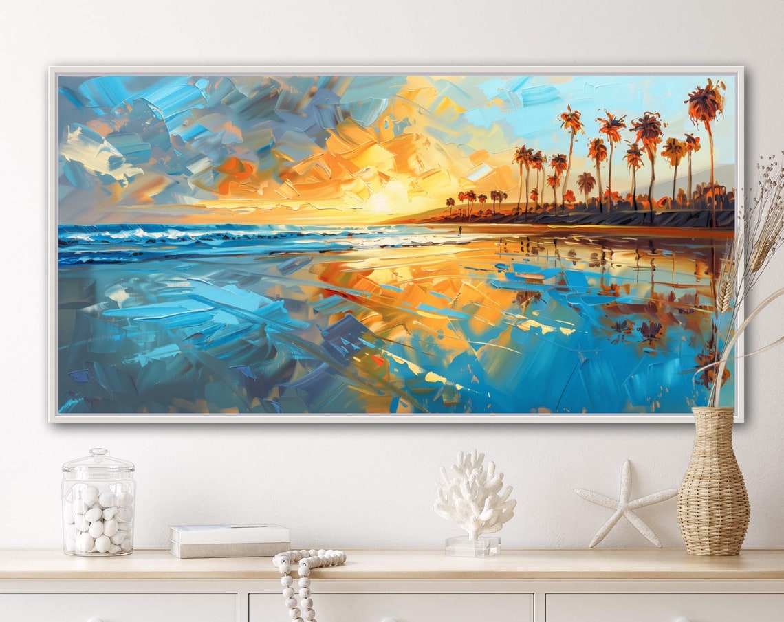 California Beach Sunset Palm Trees Ocean Reflections Travel Poster