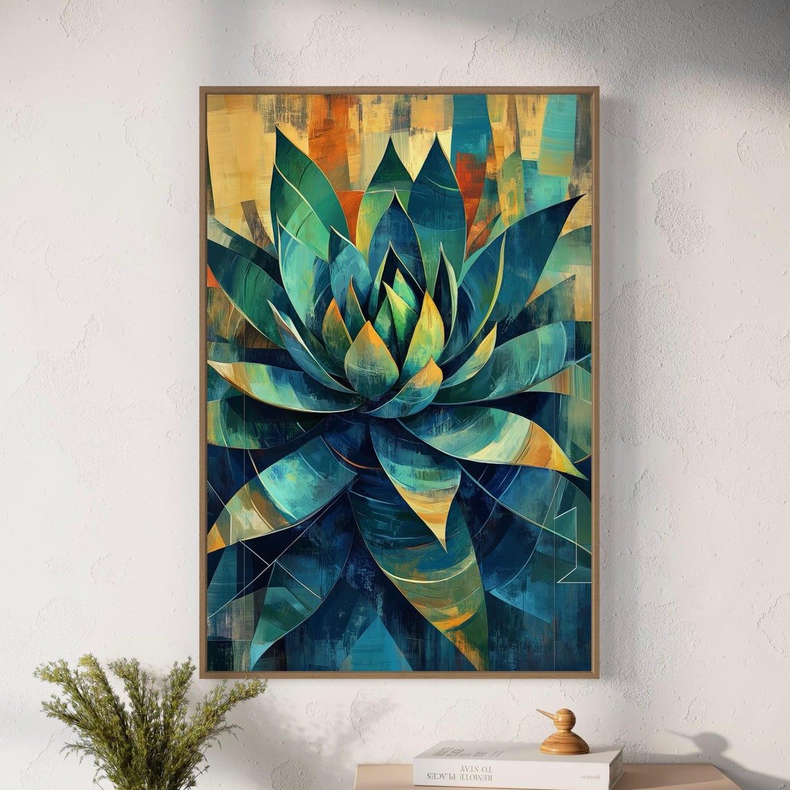 Abstract Agave Wall Art Vibrant Teal Cactus Print With Geometric Succulent Design Desert Inspired Modern Decor And Bold Boho Charm