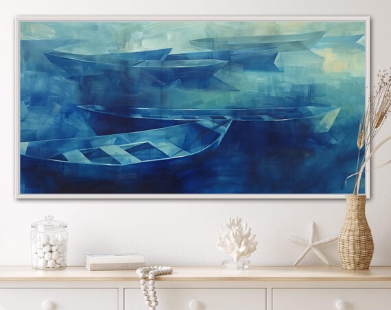 Expressive Nautical Painting Print Navy Blue Abstract Maritime Art Simplistic Polygonal Boats For Tranquil Wall Decor