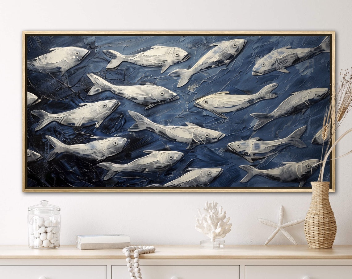 School of Fish White Navy Textured Underwater Ocean Art Print