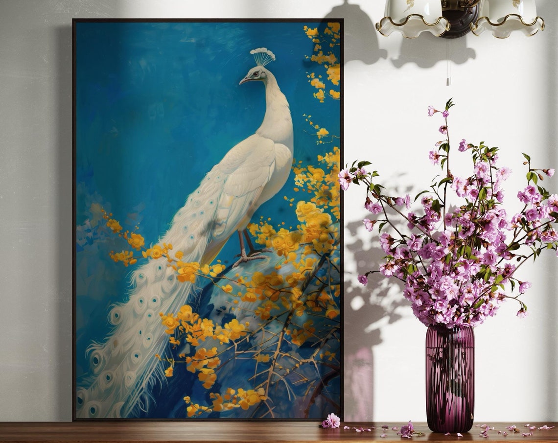 Elegant White Peacock Golden Blossoms Teal Blue Exotic Bird Art Poster