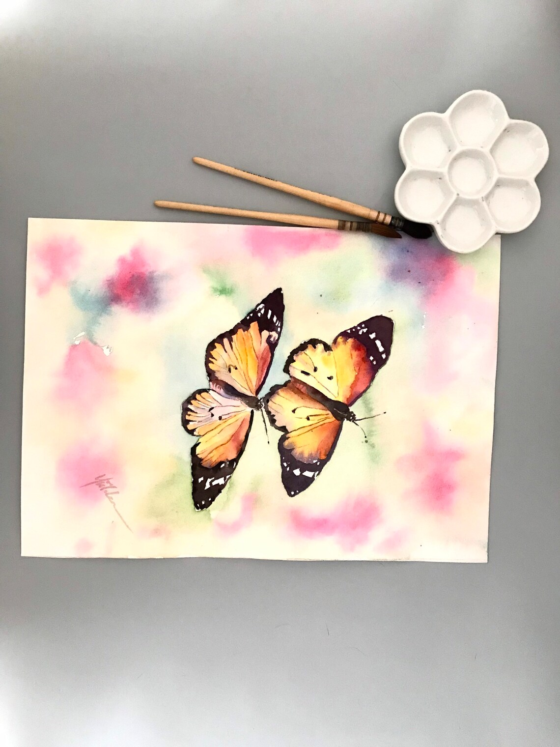 Pair of Monarch Butterflies on a Pastel Wash Watercolor Poster - Image 2