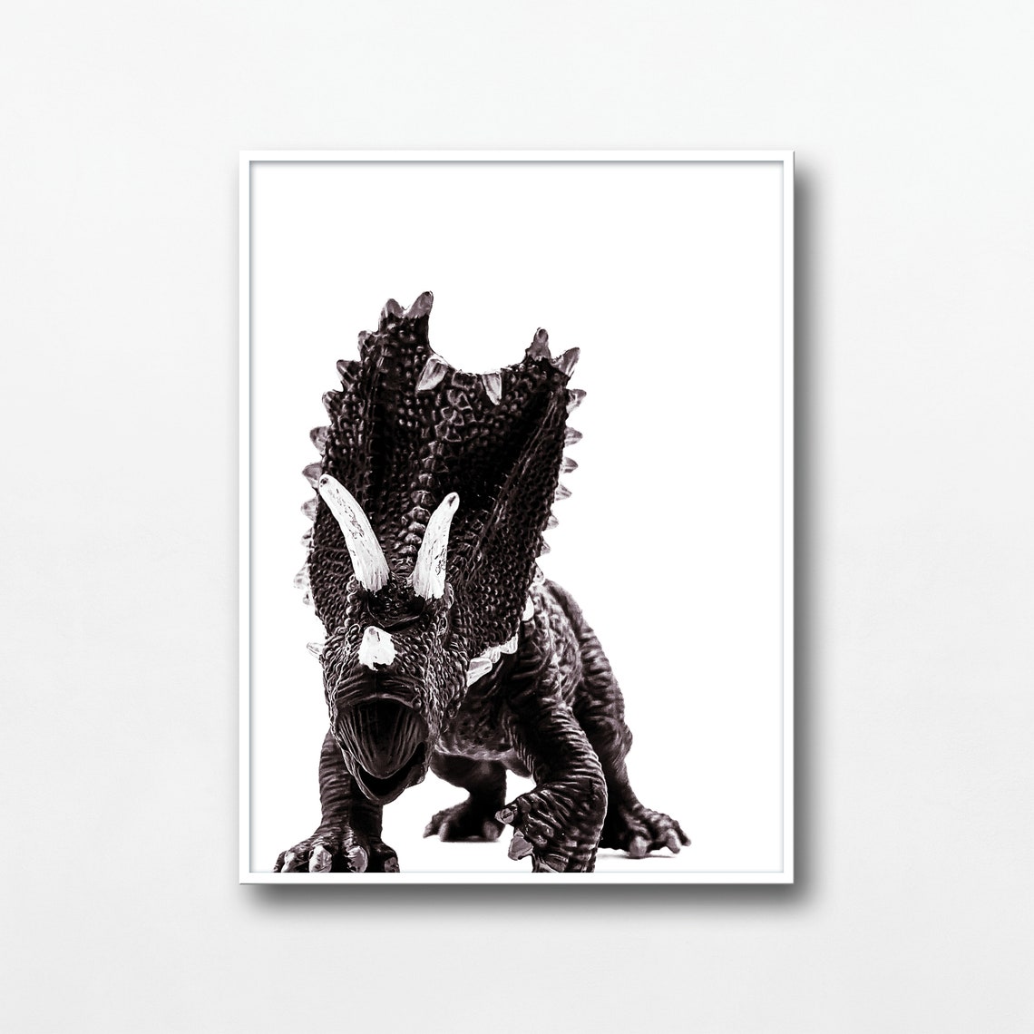 Triceratops Dinosaur Toy Front View Black White Kids Nursery Poster - Image 3