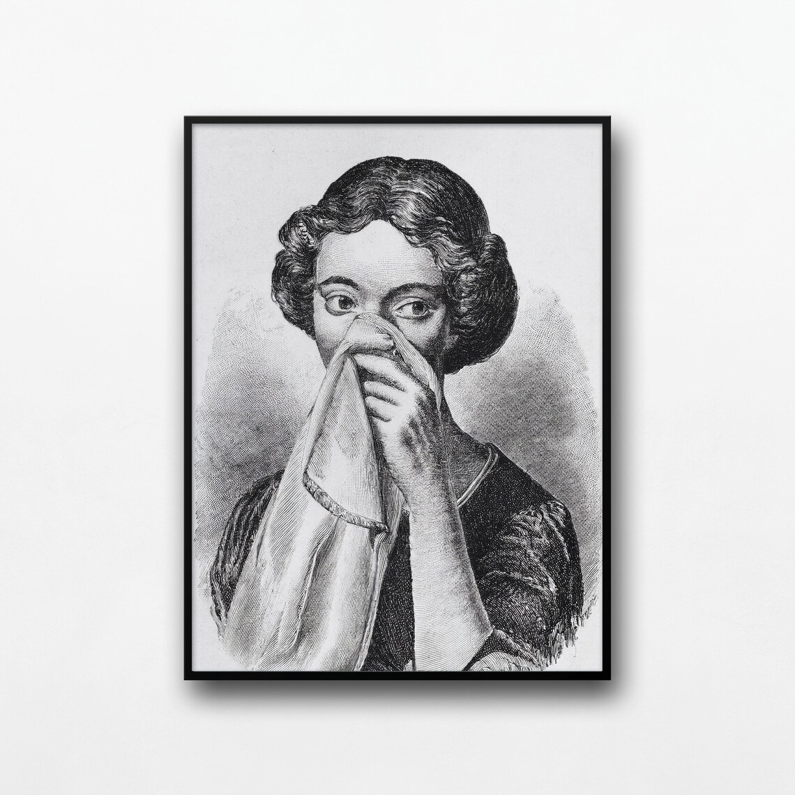 Funny Bathroom Woman Blowing Nose Vintage Engraving Style Poster