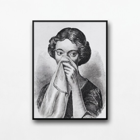 Funny Bathroom Woman Blowing Nose Vintage Engraving Style Poster