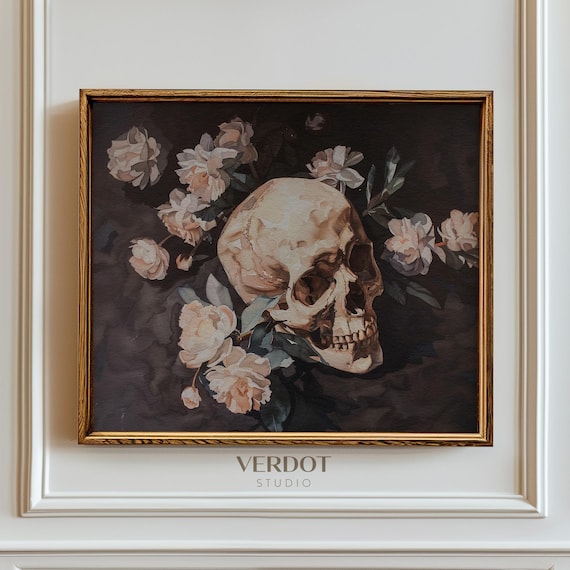 Vintage Skull Flowers Dark Background Moody Floral Still Life Art Print