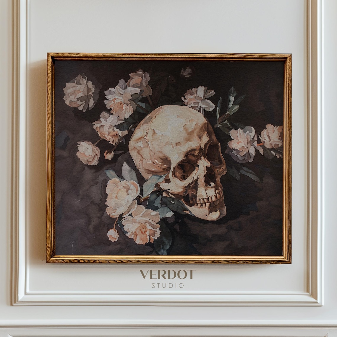 Vintage Skull Flowers Dark Background Moody Floral Still Life Art Print