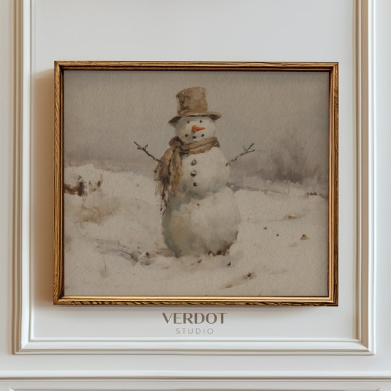 Vintage Snowman Painting, Neutral Christmas Wall Art