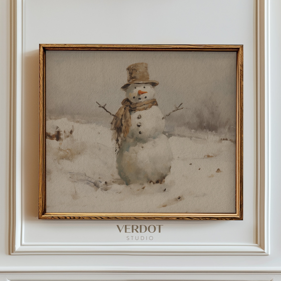 Vintage Snowman Painting, Neutral Christmas Wall Art