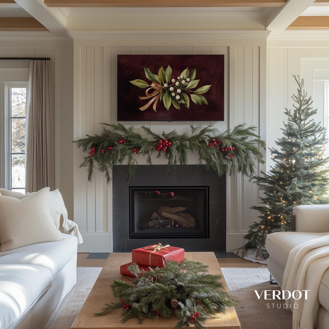Burgundy Mistletoe Christmas Frame Tv Art Vintage Christmas Tv Art Dark Holiday Painting Antique Red Screensaver Tv24269 - Image 3