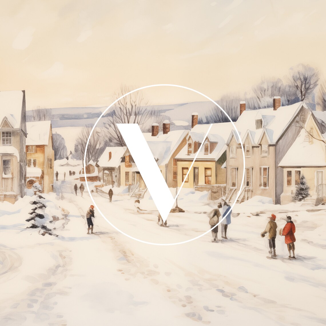 Winter Village Christmas Art Print, Neutral Small Town - Image 3