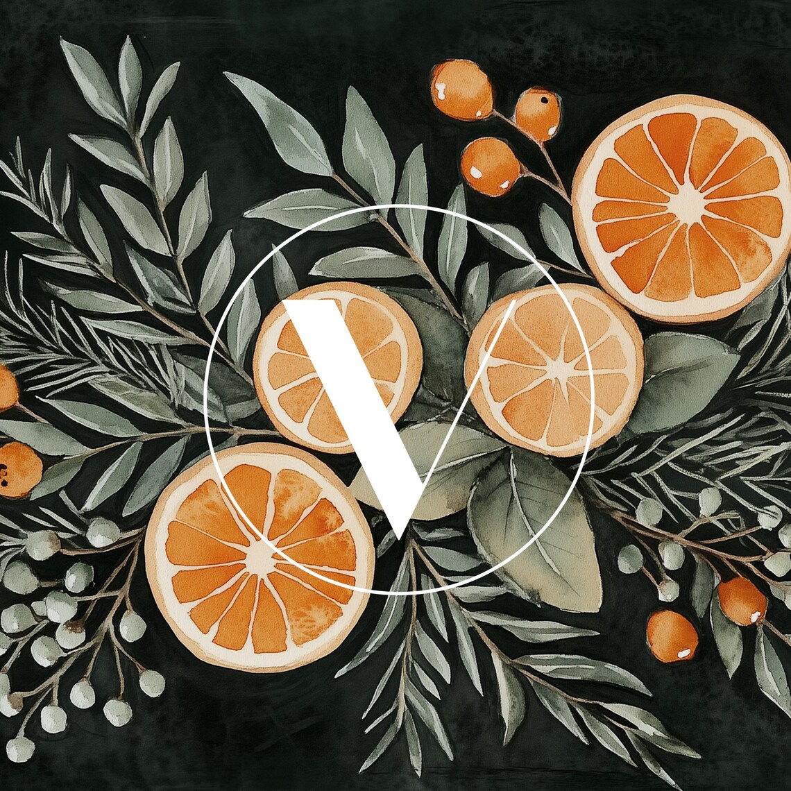 Christmas Botanical Orange Slices Pine And Berries On Black Art Poster - Image 3