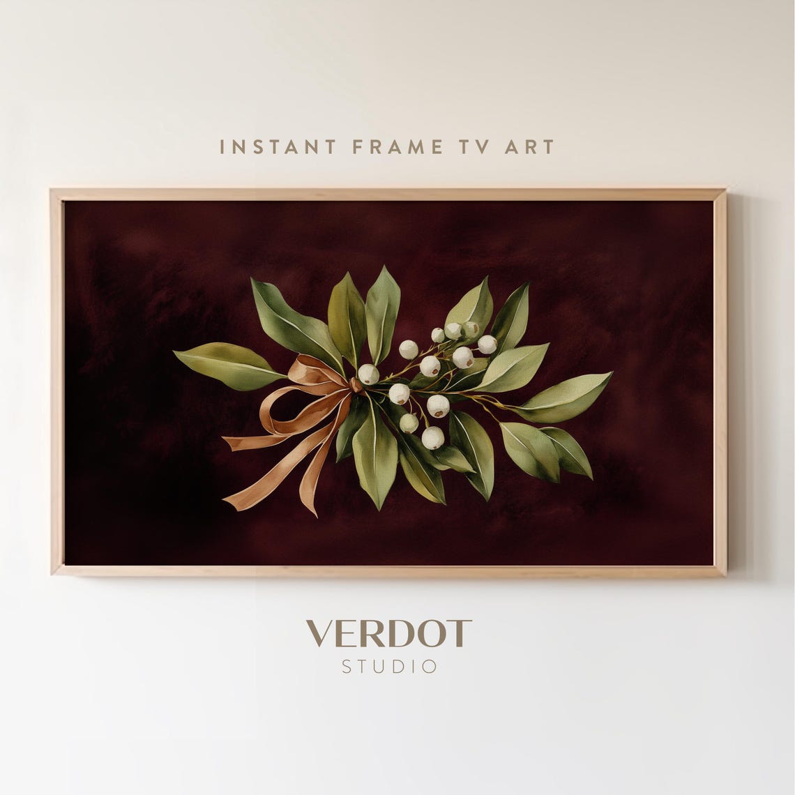 Burgundy Mistletoe Christmas Frame Tv Art Vintage Christmas Tv Art Dark Holiday Painting Antique Red Screensaver Tv24269