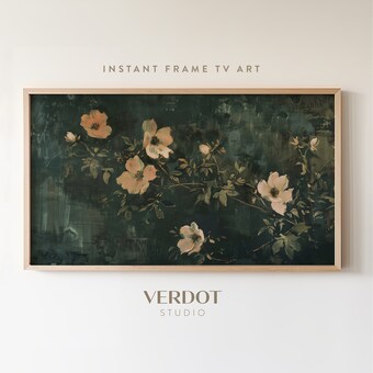 Flower Painting Frame Tv Art Antique Dark Green Peach Wildflower Screensaver Earthy Organic Floral Vintage Botanical Summer Decor Tv2476