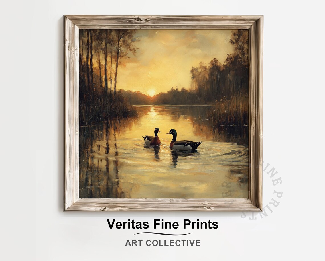 Mallard Ducks at Sunset, Rustic Nature Art Print