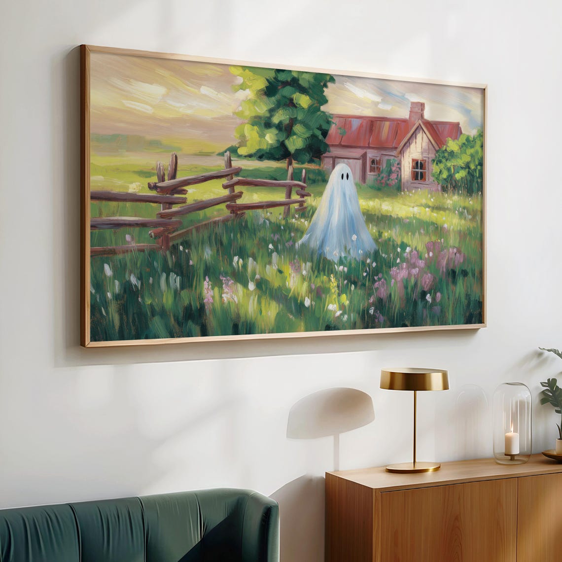 Cute Ghost Meadow Floral Halloween Painting Rustic Barn Scene Poster - Image 4