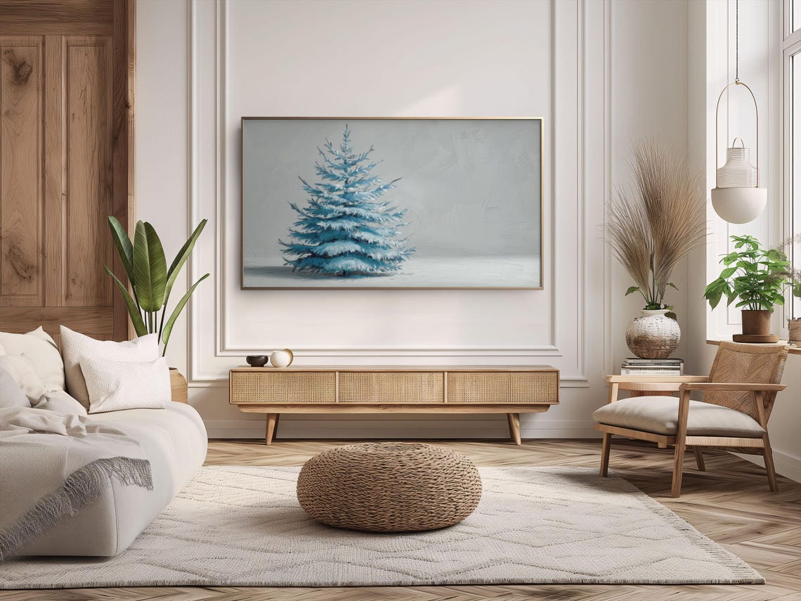Muted Blue Christmas Tree Painting Snowy Winter Minimalist Art Poster - Image 2