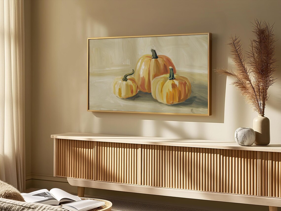 Three Pumpkins Neutral Beige Minimalist Fall Oil Painting Harvest Poster - Image 2