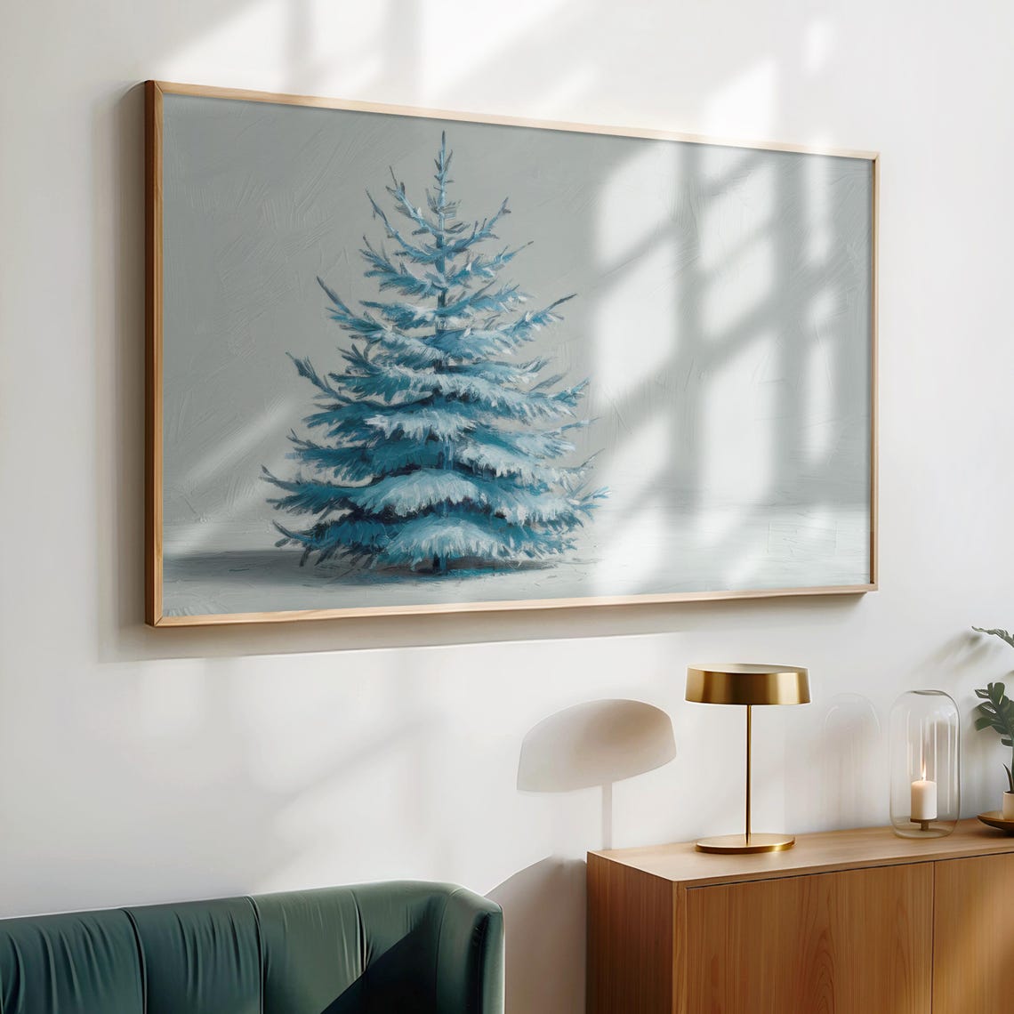 Muted Blue Christmas Tree Painting Snowy Winter Minimalist Art Poster - Image 4