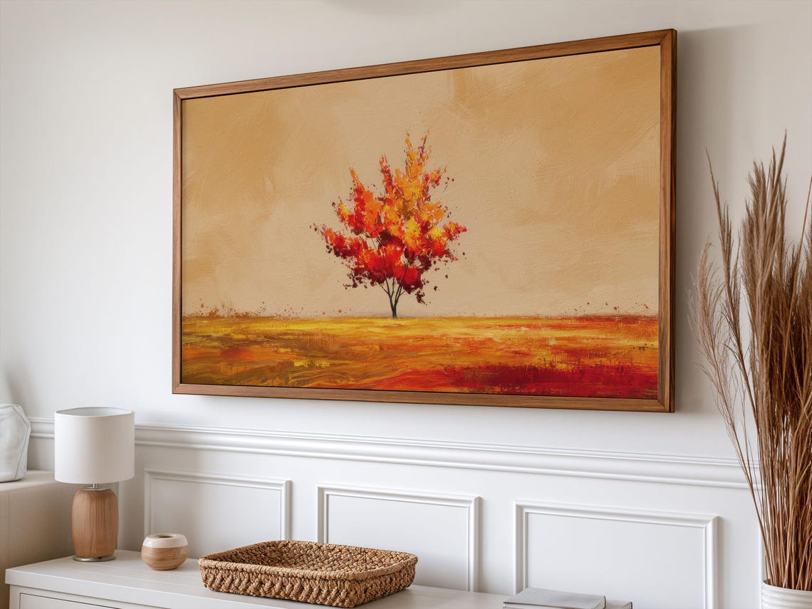 Lone Red Autumn Tree Golden Field Minimalist Fall Landscape Art Poster - Image 5