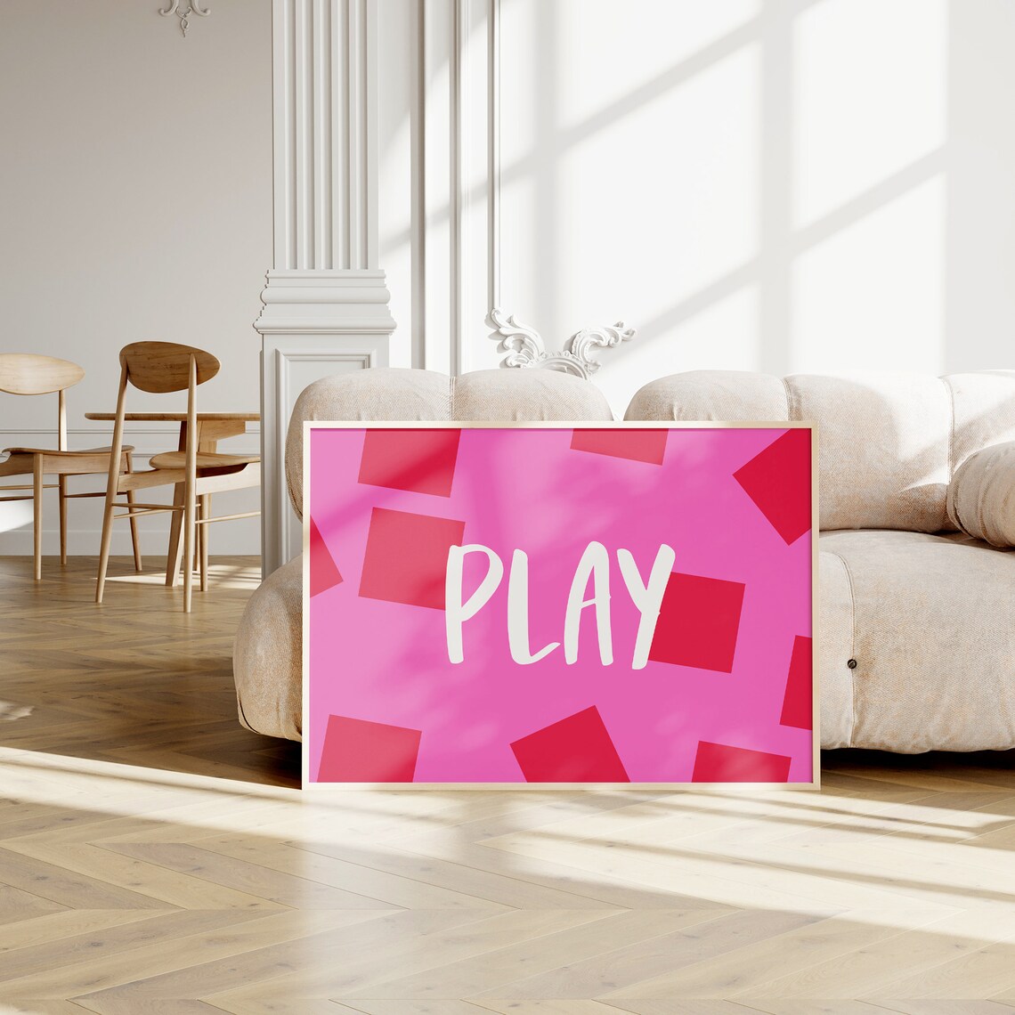 Play White Script On Hot Pink Geometric Retro Bold Minimalist Wall Poster - Image 2