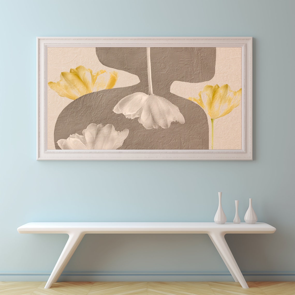 Modern Minimalist Beige Floral Abstract Yellow Tulips Texture Wall Art - Image 3