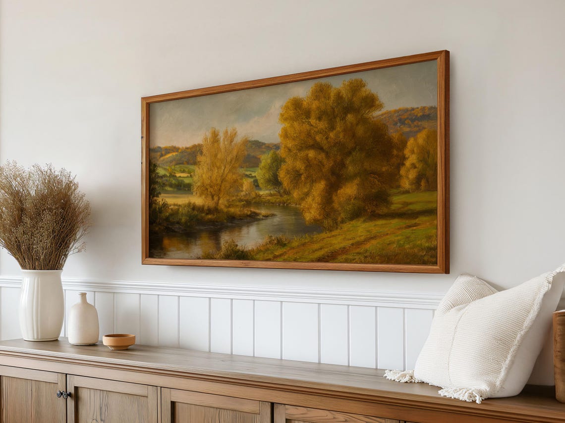 Golden Autumn Countryside River Valley Vintage Landscape Poster - Image 2
