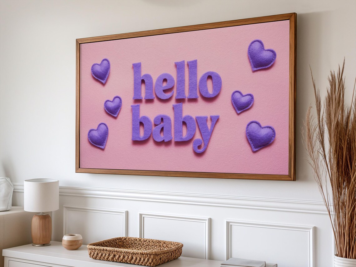 Hello Baby Purple Felt Letters Hearts Pink Nursery Baby Shower Poster - Image 2