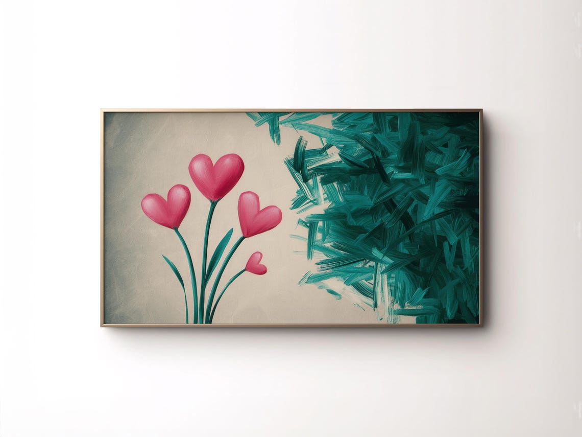 Pink Heart Flowers Teal Green Abstract Romantic Valentine Poster