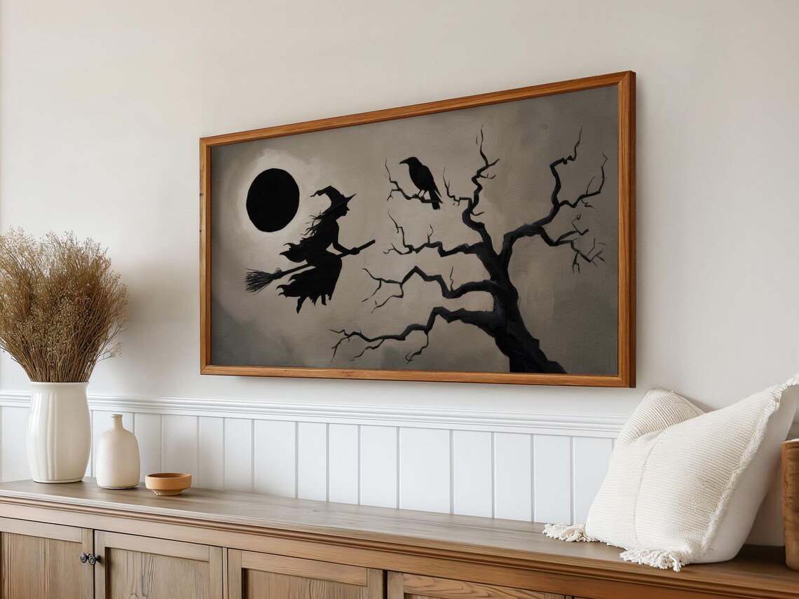 Witch Broom Black Moon Crow Bare Tree Neutral Moody Halloween Art Poster - Image 2