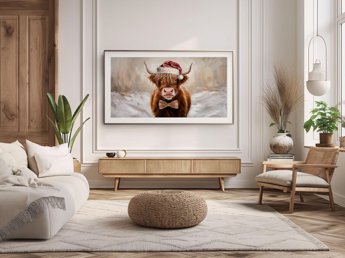 Highland Cow Santa Hat Plaid Bow Tie Snowy Christmas Painting Poster - Image 2