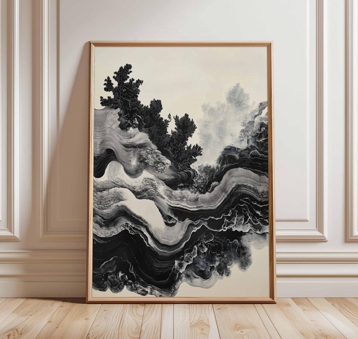 Minimalist Black And White Swirling Ink Waves Landscape Poster