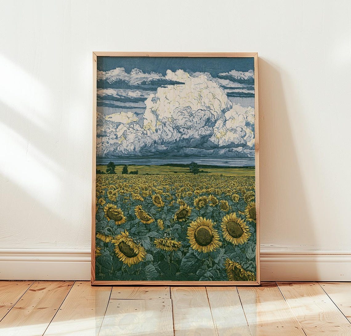 Sunflower Field Under Dramatic Clouds Woodblock Style Art Poster