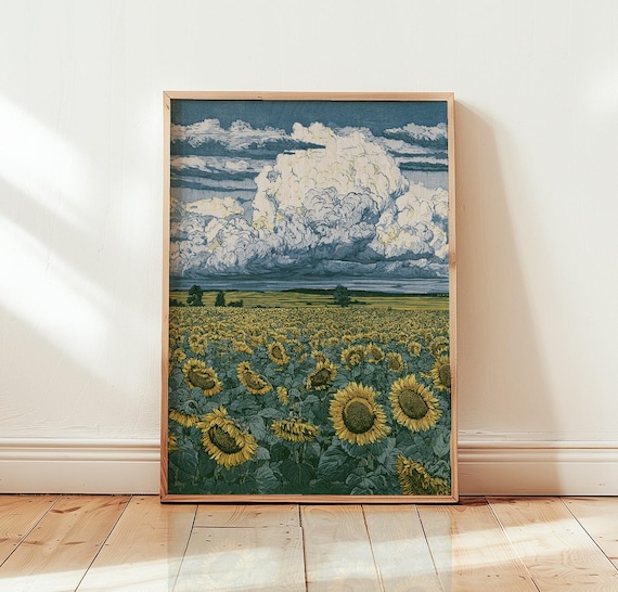 Sunflower Field Under Dramatic Clouds Woodblock Style Art Poster