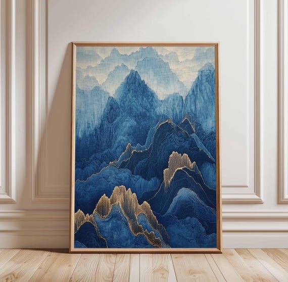 Blue Mountain Landscape Poster In Traditional Asian Art Style Abstract Peaks With Gold Detailing Serene Decor