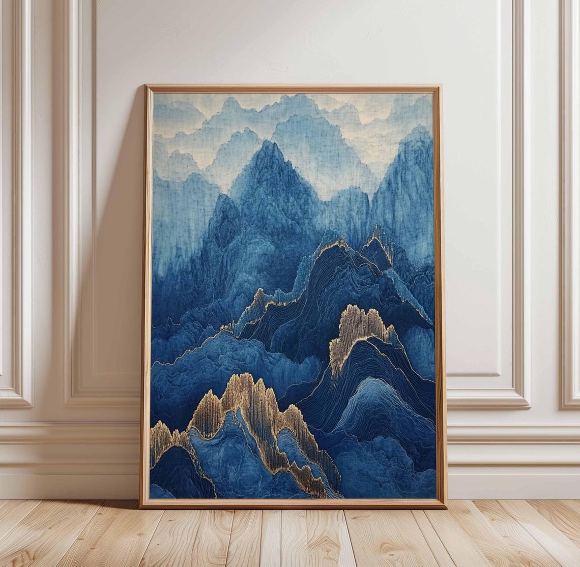 Blue Mountains With Gold Ridges Asian Ink Landscape Wall Art
