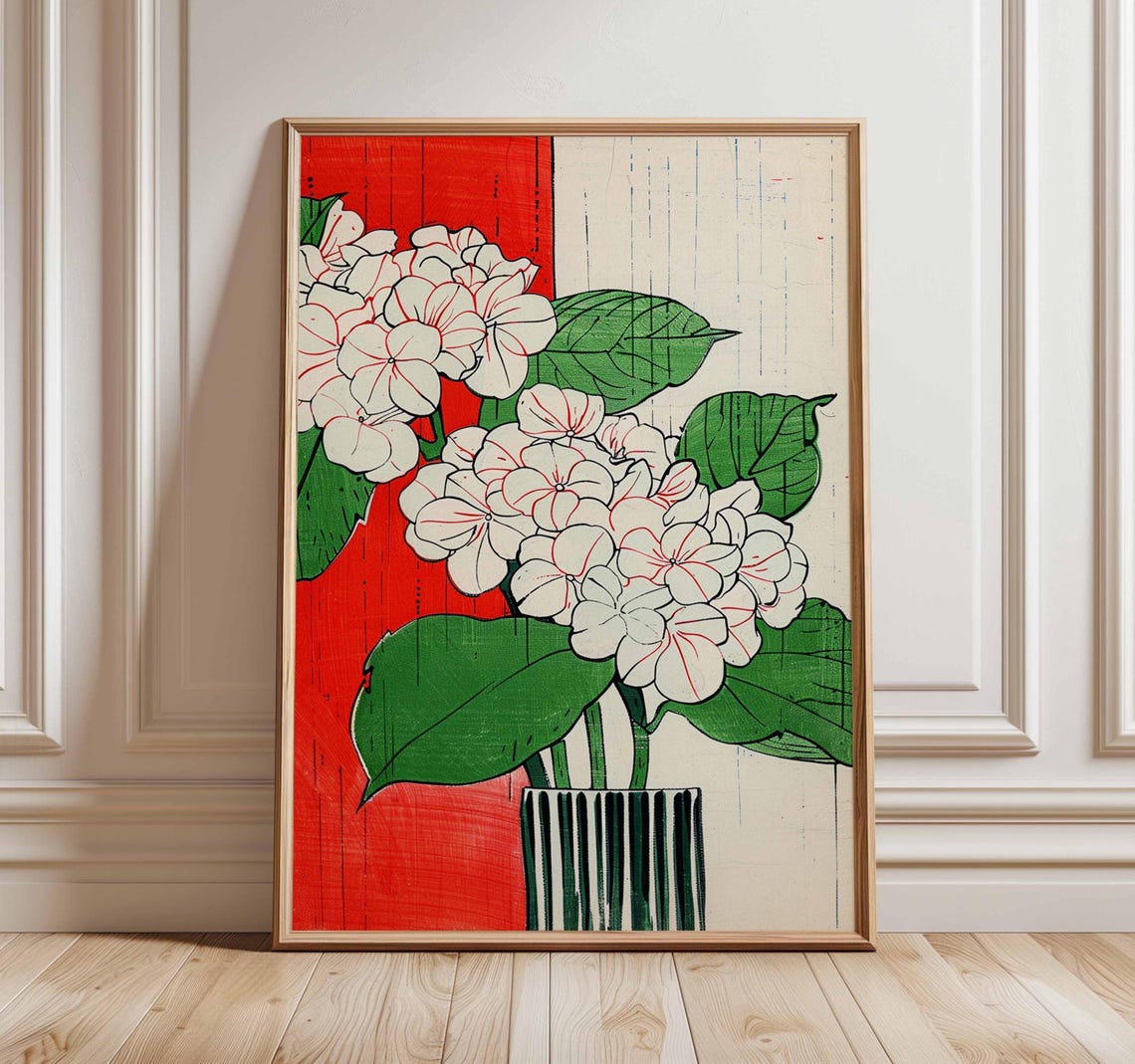 White Hydrangeas In Striped Vase Japanese Woodblock Floral Poster