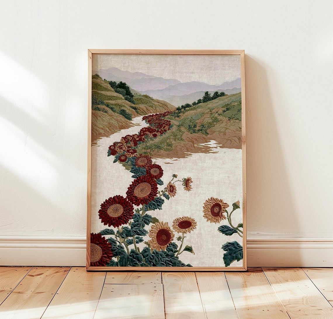 Red Sunflower Woodblock Poster, Botanical Art Print