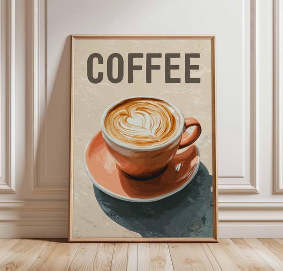Coffee Poster Print Latte Art Wall Decor Cafe Kitchen Artwork Modern Cup Illustration Barista Gift Warm Beverage