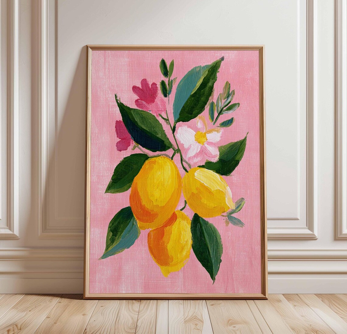 Lemon Branch With Blossoms Poster in Painterly Citrus Kitchen Art Style