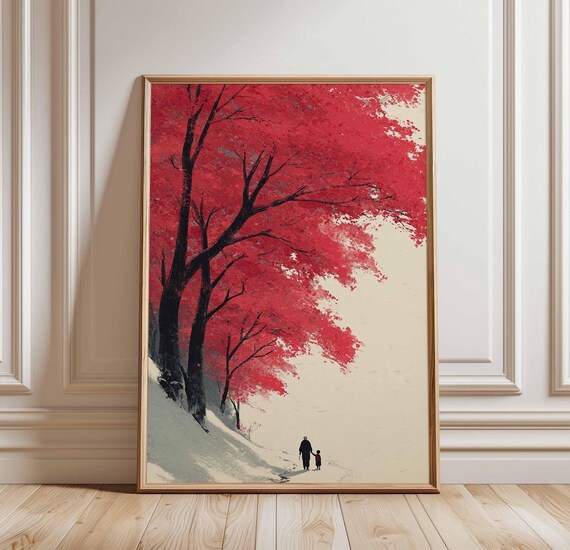 Blazing Red Autumn Tree With Parent And Child Walking Poster