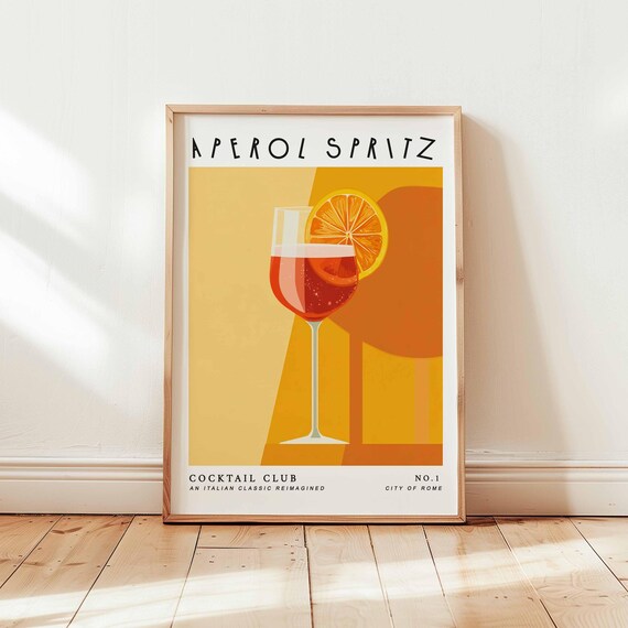 Aperol Spritz Yellow Minimal Wine Glass Cocktail Club Rome Poster