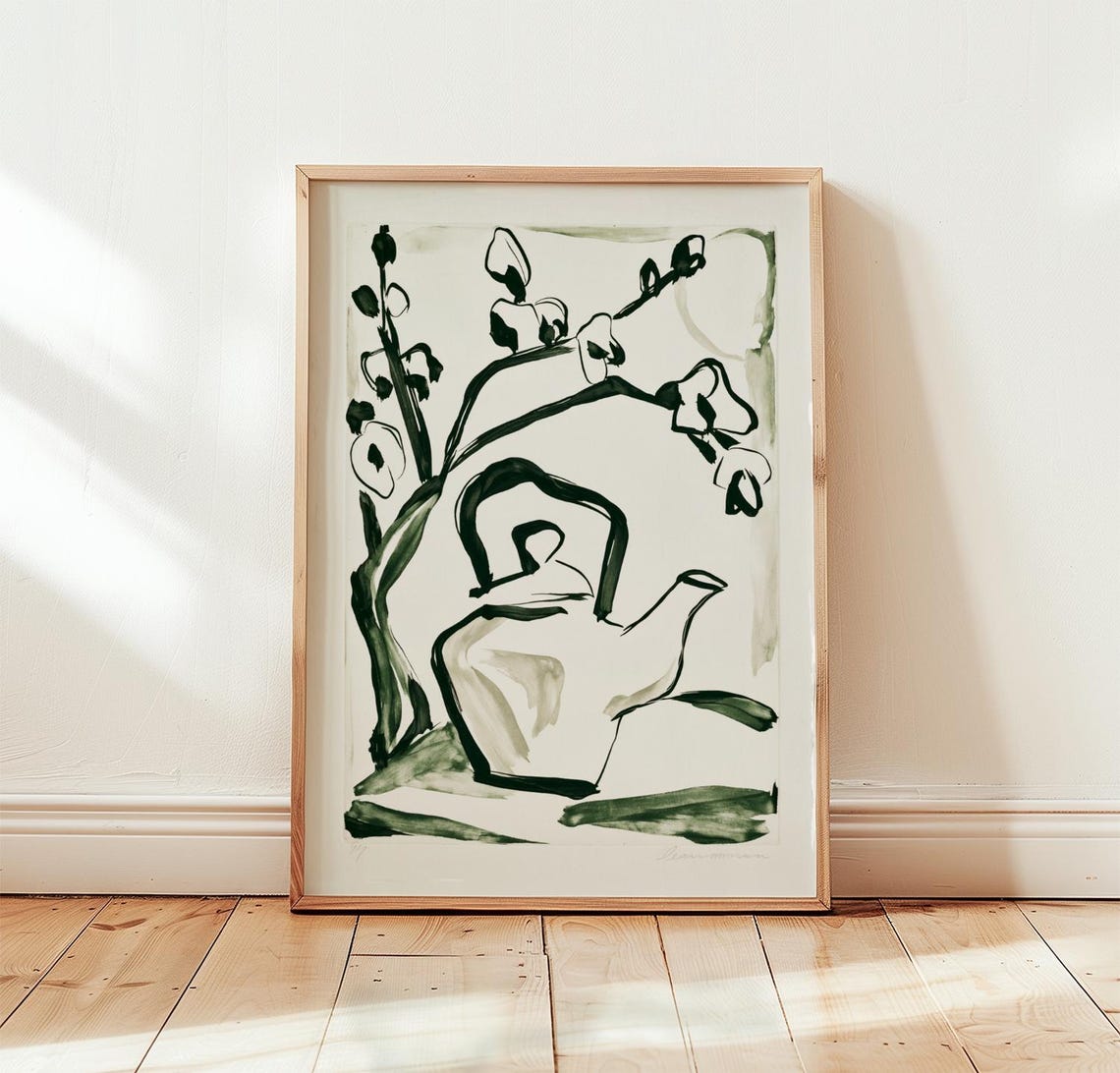 Terracotta Teapot Print Green Botanical Wall Art Minimalist Poster