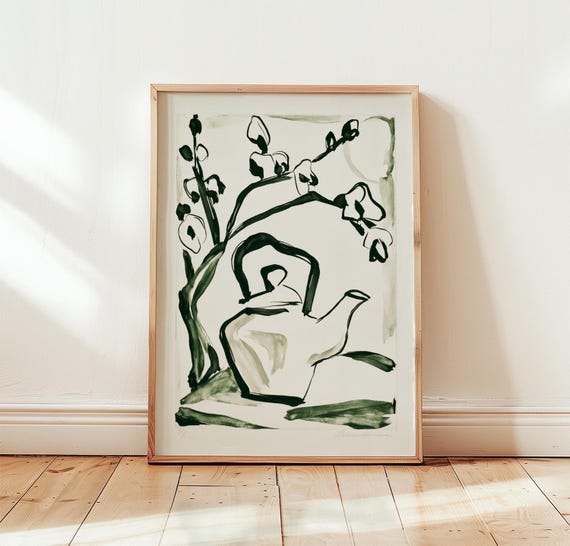 Terracotta Teapot Print Green Botanical Wall Art Minimalist Poster