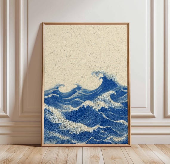 Blue Ocean Waves Dotwork Print Japanese Style Seascape Poster Minimalist Wave Wall Art Modern Zen Coastal Decor