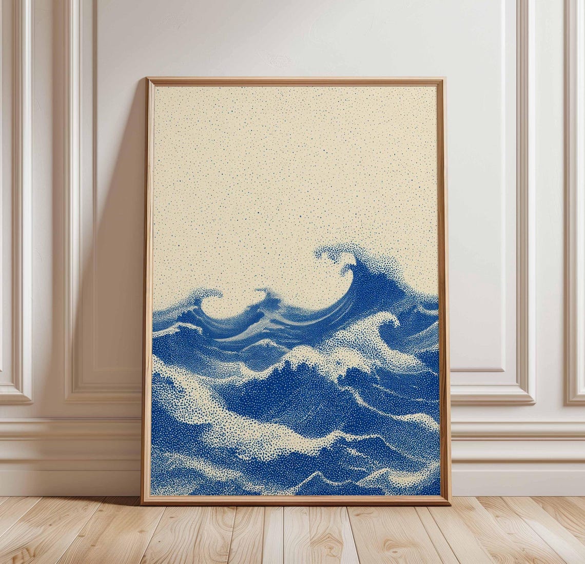 Japanese Style Blue Ocean Wave Dotwork Minimalist Zen Coastal Poster
