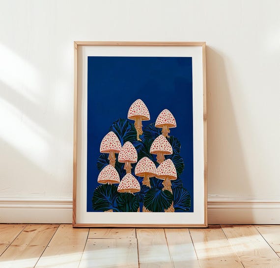 Mushroom Wall Art Print Folk Botanical Poster Woodland Nature Decor