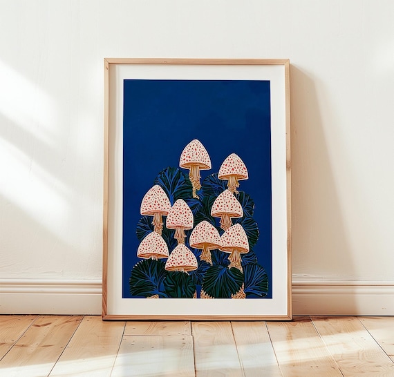 Spotted Mushrooms Deep Navy Woodland Folk Botanical Wall Poster